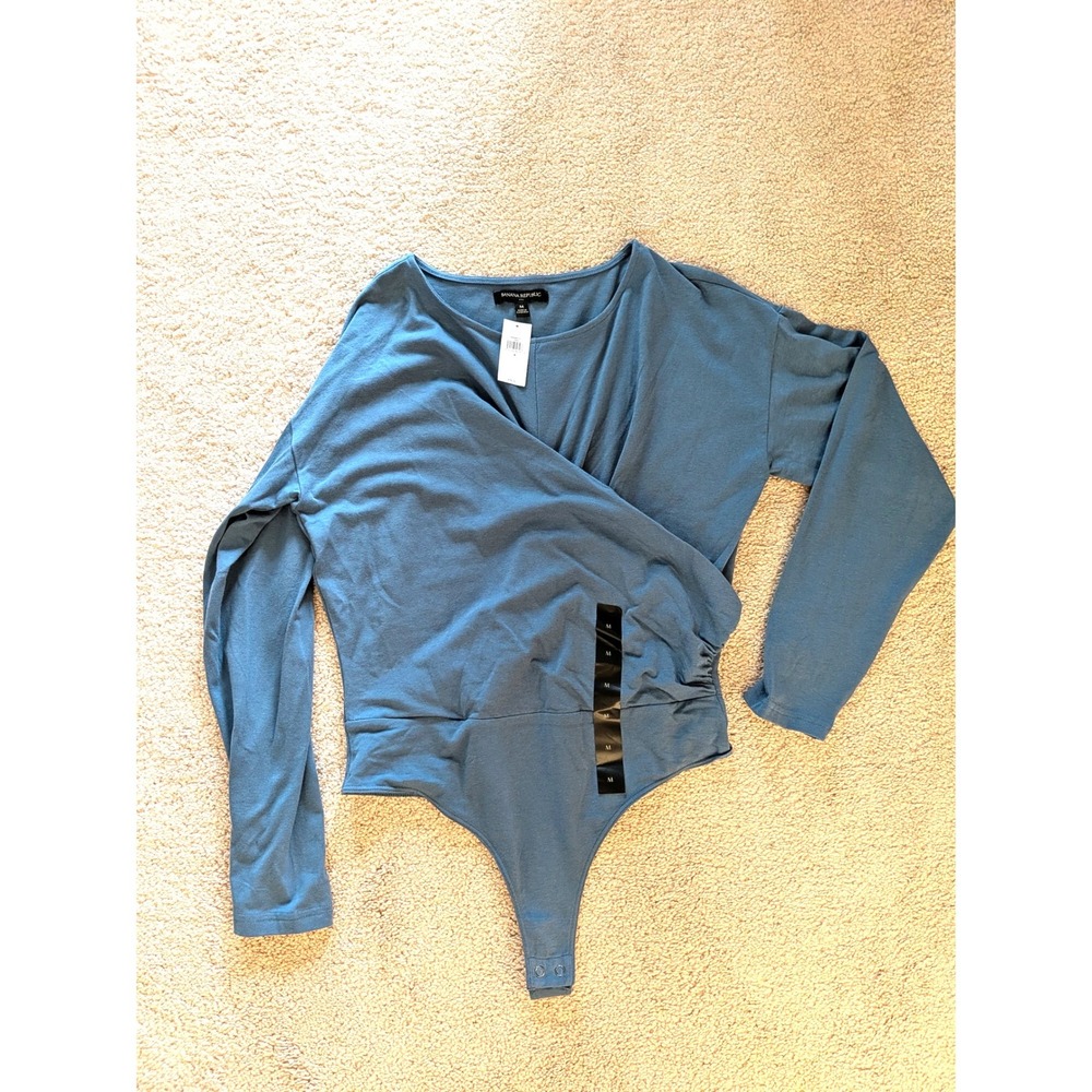 NWT Banana Republic Blue-Grey Wrap Bodysuit Draped Long Sleeve Medium - Picture 3 of 5